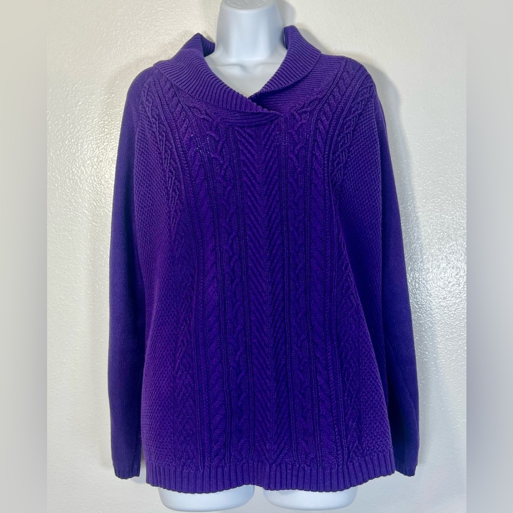 Coldwater Creek Purple Cable Knit Sweater XL 16 Cotton Blend Shawl Collar